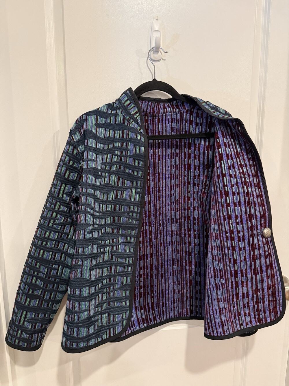 Trimdin Womens Jacket Size Medium Tapestry Reversible Blazer Purple Green Black
